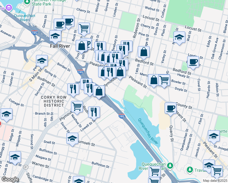 map of restaurants, bars, coffee shops, grocery stores, and more near 139 Front Street in Fall River