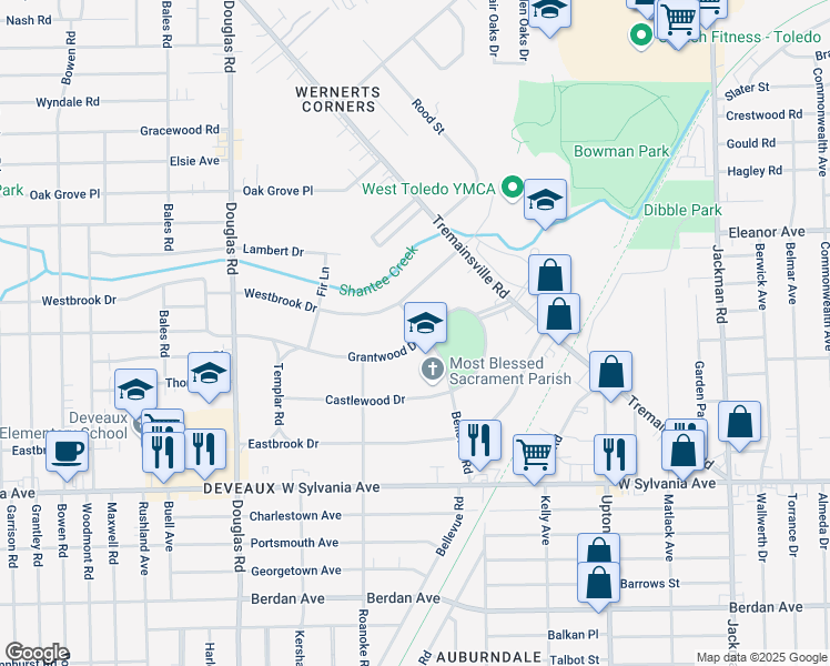 map of restaurants, bars, coffee shops, grocery stores, and more near 2148 Grantwood Drive in Toledo