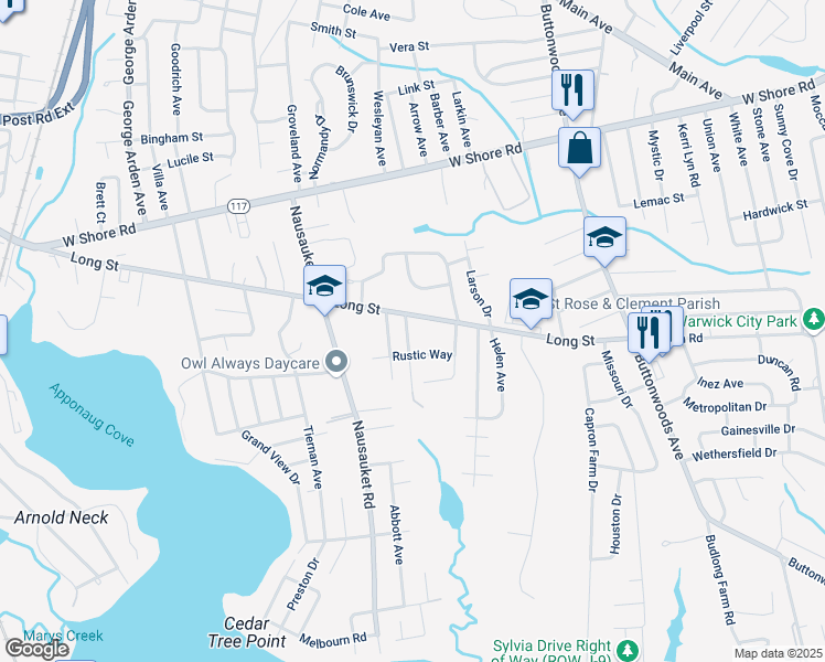 map of restaurants, bars, coffee shops, grocery stores, and more near 211 Long Street in Warwick