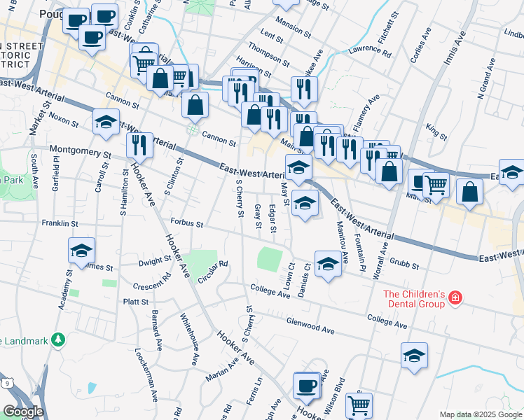 map of restaurants, bars, coffee shops, grocery stores, and more near 1 Gray Street in Poughkeepsie
