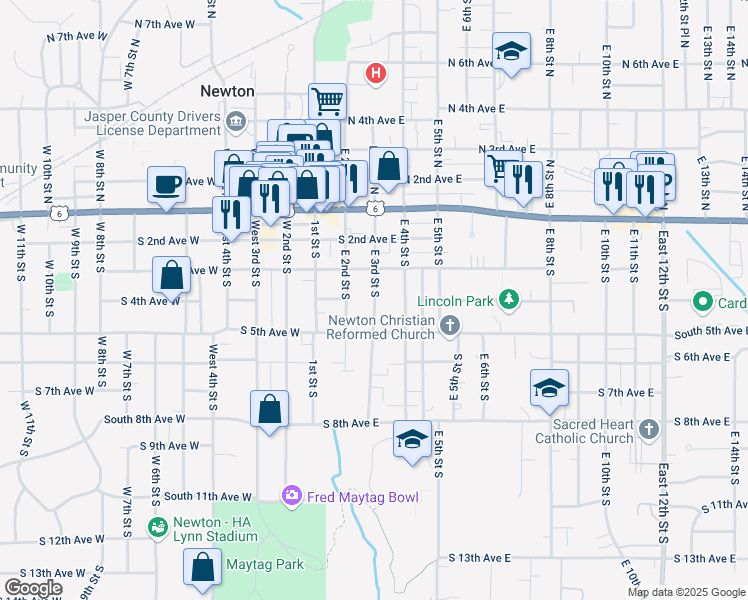 map of restaurants, bars, coffee shops, grocery stores, and more near 320 East 3rd Street South in Newton