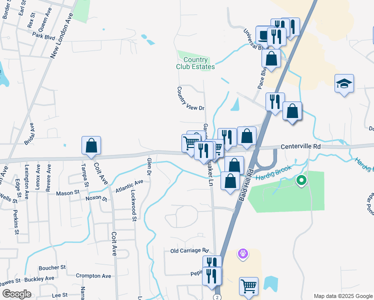 map of restaurants, bars, coffee shops, grocery stores, and more near 1191 Centerville Road in Warwick