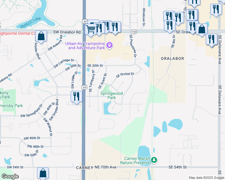 map of restaurants, bars, coffee shops, grocery stores, and more near 309 Southeast Springwood Drive in Ankeny