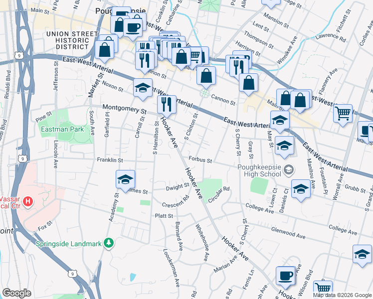 map of restaurants, bars, coffee shops, grocery stores, and more near 60 South Clinton Street in Poughkeepsie