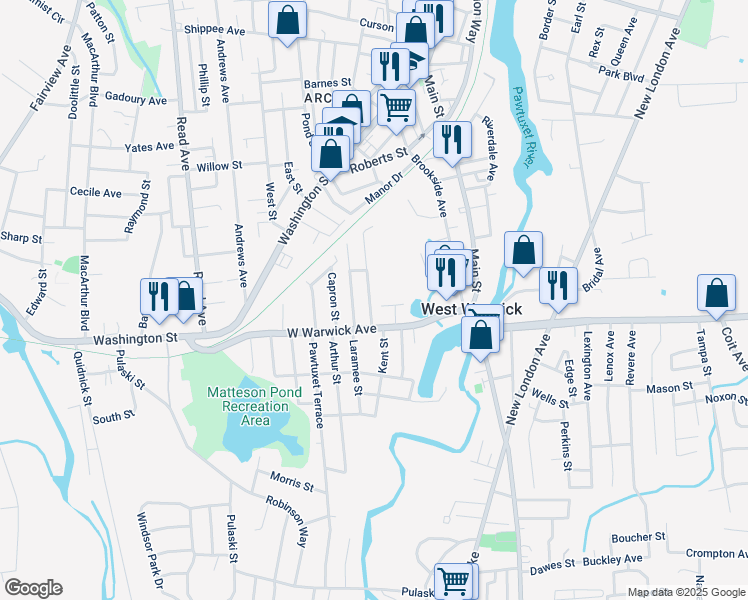 map of restaurants, bars, coffee shops, grocery stores, and more near 15B Winthrop Avenue in West Warwick