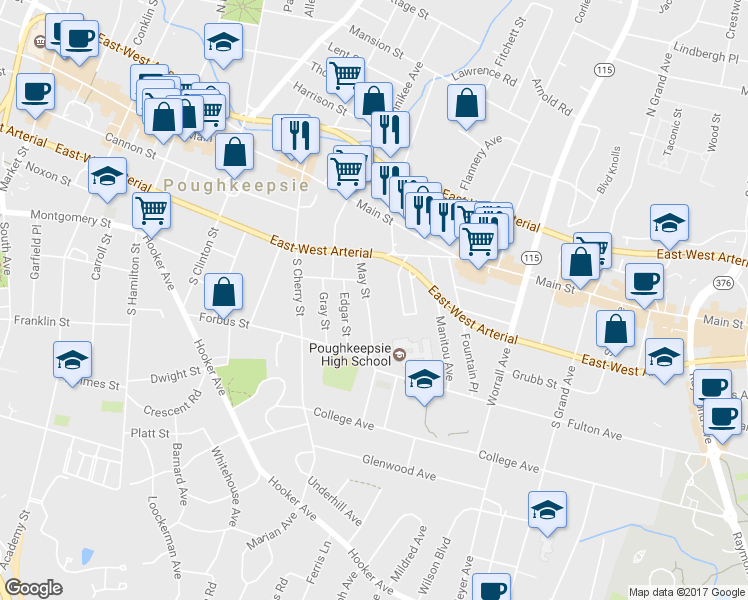 map of restaurants, bars, coffee shops, grocery stores, and more near 26 May Street in Poughkeepsie