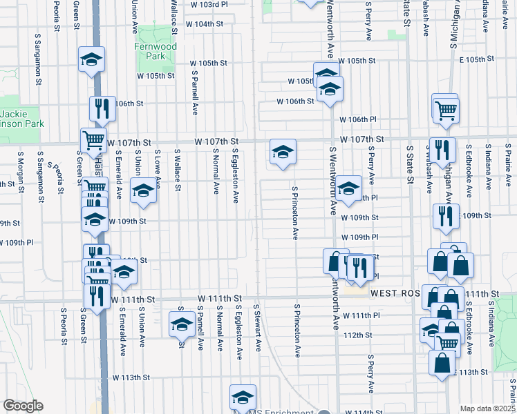 map of restaurants, bars, coffee shops, grocery stores, and more near 364 West 109th Street in Chicago
