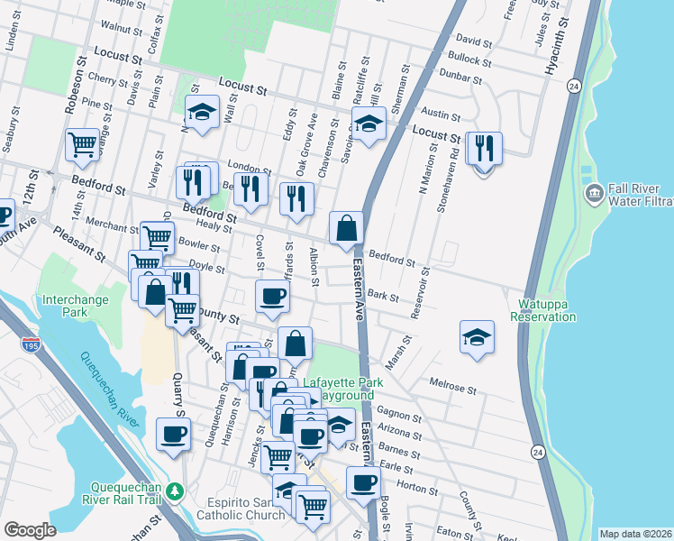 map of restaurants, bars, coffee shops, grocery stores, and more near 15 Eastern Avenue in Fall River