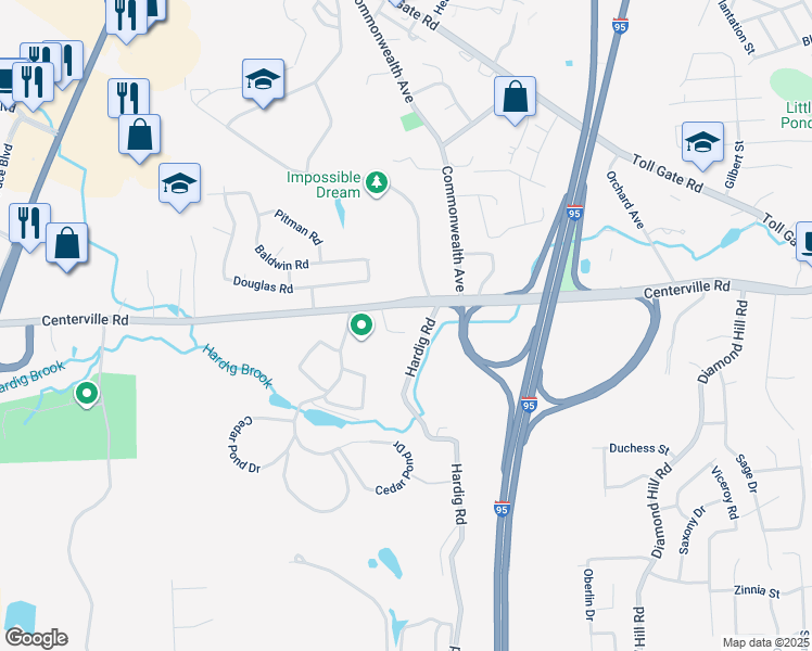 map of restaurants, bars, coffee shops, grocery stores, and more near 588 Centerville Road in Warwick