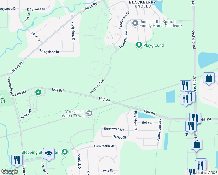 map of restaurants, bars, coffee shops, grocery stores, and more near 3902 Preston Drive in Yorkville
