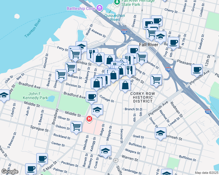 map of restaurants, bars, coffee shops, grocery stores, and more near 337 Washington Street in Fall River
