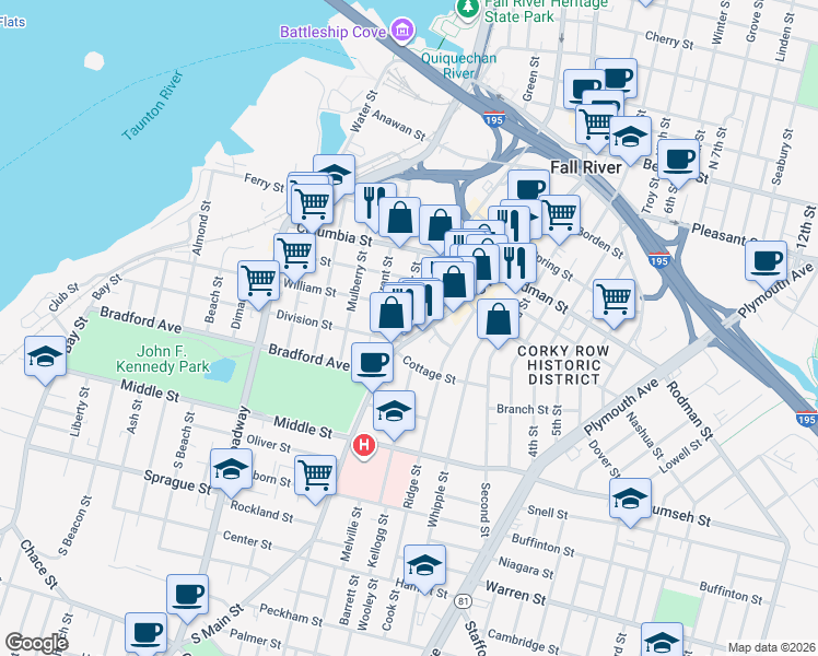 map of restaurants, bars, coffee shops, grocery stores, and more near 337 Washington Street in Fall River