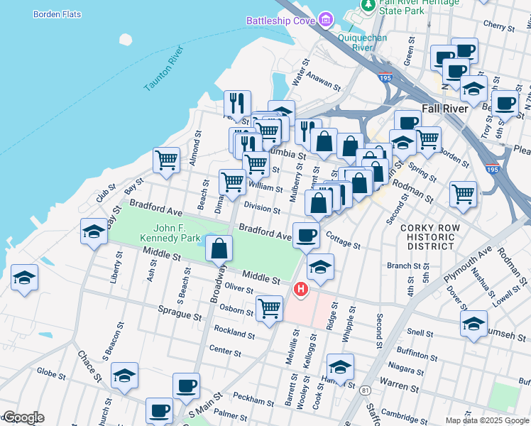 map of restaurants, bars, coffee shops, grocery stores, and more near 424 Division Street in Fall River