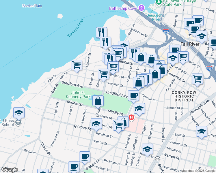 map of restaurants, bars, coffee shops, grocery stores, and more near 288 Broadway in Fall River