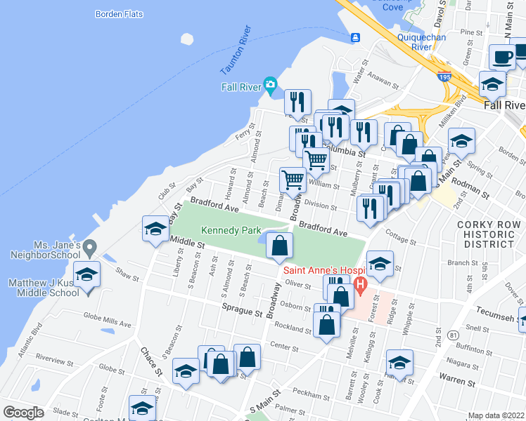 map of restaurants, bars, coffee shops, grocery stores, and more near 209 Beach Street in Fall River
