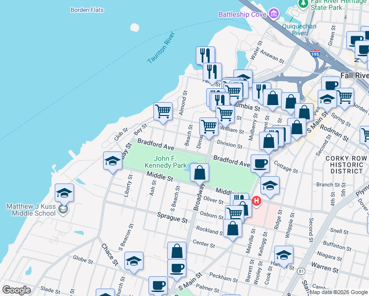 map of restaurants, bars, coffee shops, grocery stores, and more near 209 Beach Street in Fall River