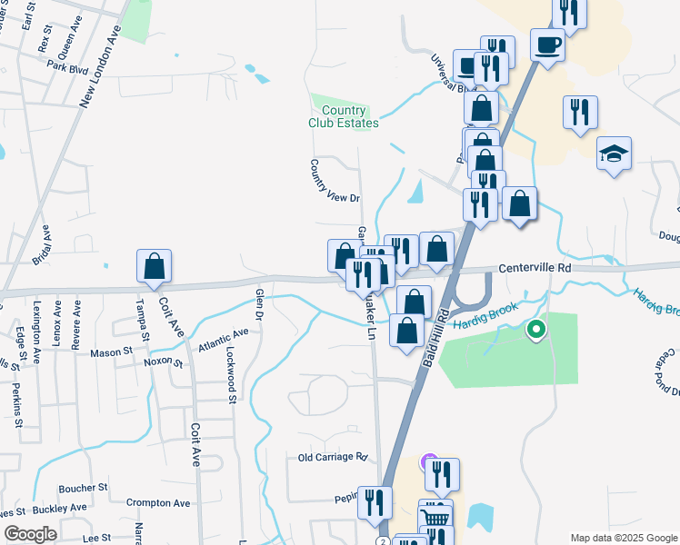 map of restaurants, bars, coffee shops, grocery stores, and more near 1191 Centerville Road in Warwick
