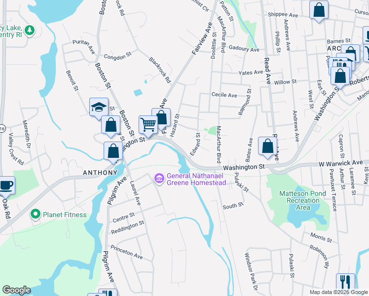 map of restaurants, bars, coffee shops, grocery stores, and more near 551 Washington Street in Coventry