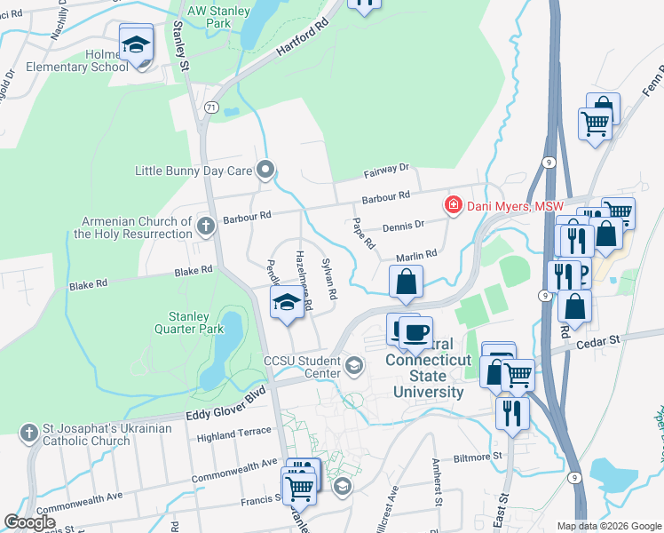 map of restaurants, bars, coffee shops, grocery stores, and more near 93 Sylvan Road in New Britain