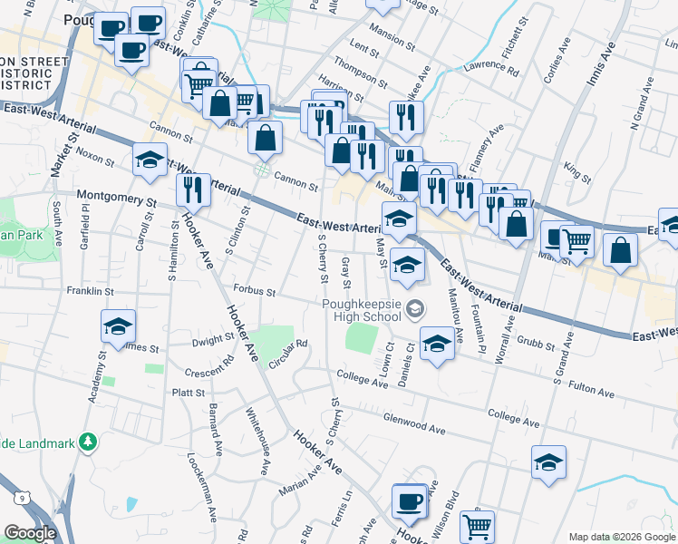 map of restaurants, bars, coffee shops, grocery stores, and more near 1 Gray Street in Poughkeepsie
