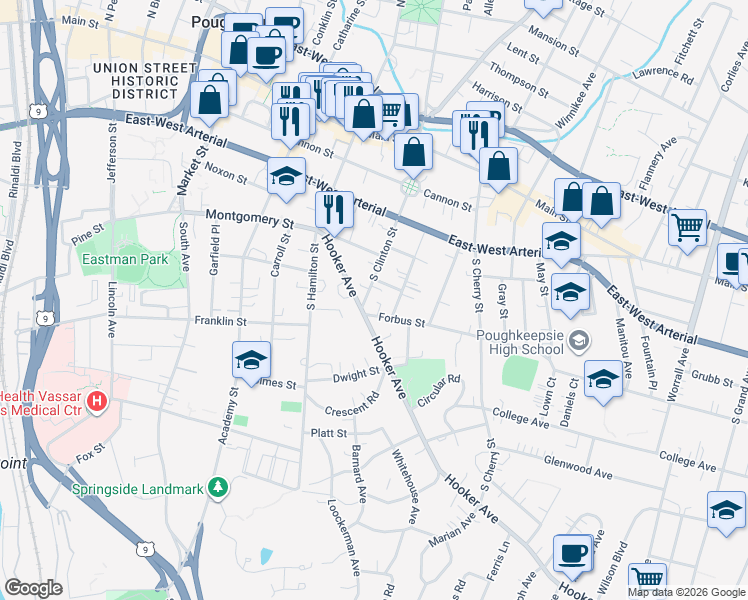 map of restaurants, bars, coffee shops, grocery stores, and more near 60 South Clinton Street in Poughkeepsie