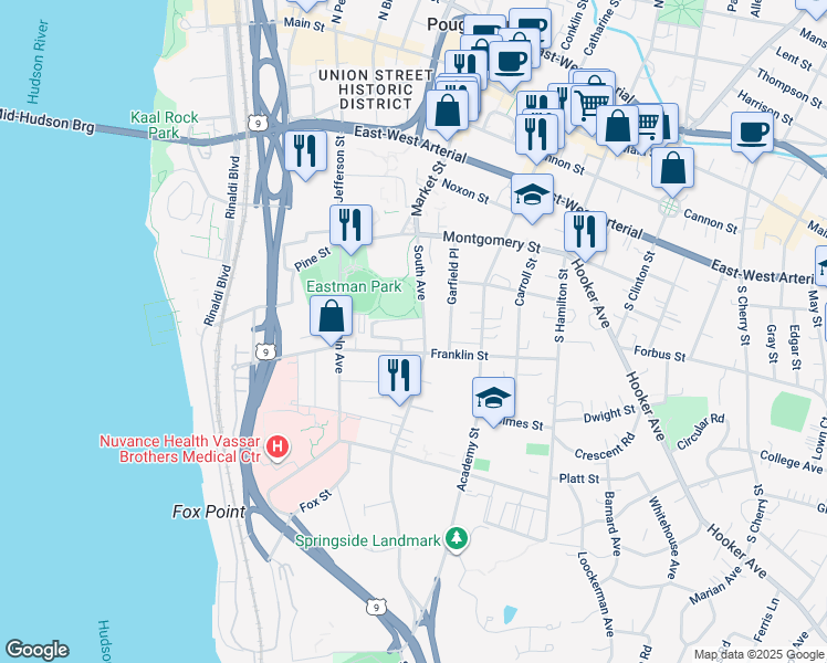 map of restaurants, bars, coffee shops, grocery stores, and more near 1 Eastman Terrace in Poughkeepsie