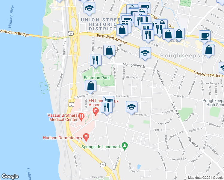map of restaurants, bars, coffee shops, grocery stores, and more near 1 Eastman Terrace in Poughkeepsie