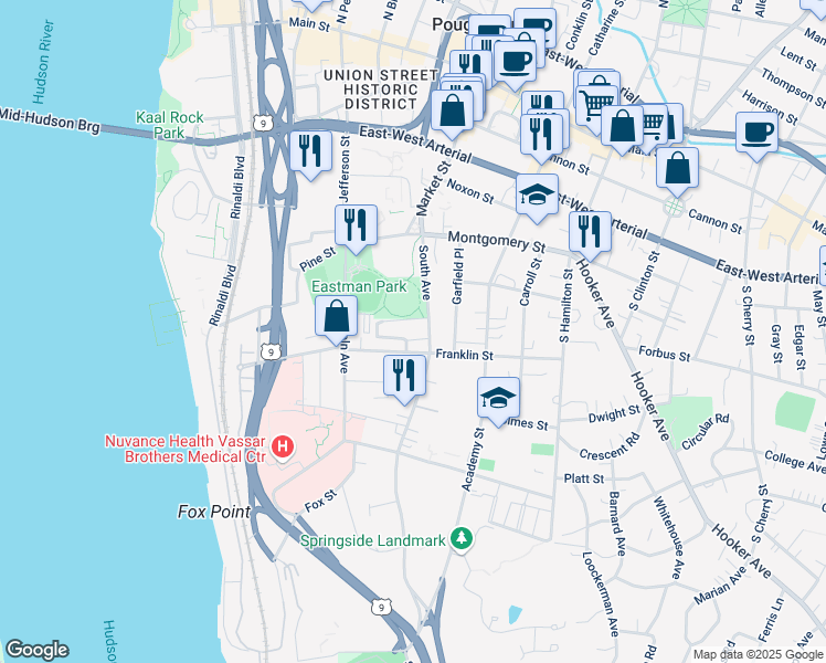 map of restaurants, bars, coffee shops, grocery stores, and more near 14 Eastman Terrace in Poughkeepsie