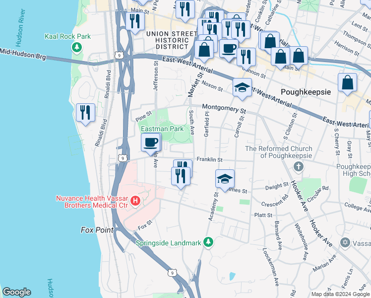 map of restaurants, bars, coffee shops, grocery stores, and more near 14 Eastman Terrace in Poughkeepsie
