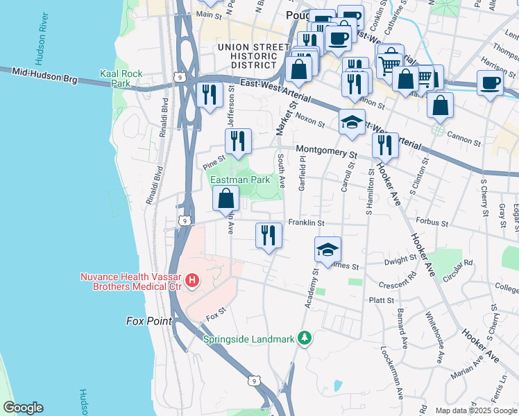 map of restaurants, bars, coffee shops, grocery stores, and more near 14 Eastman Terrace in Poughkeepsie