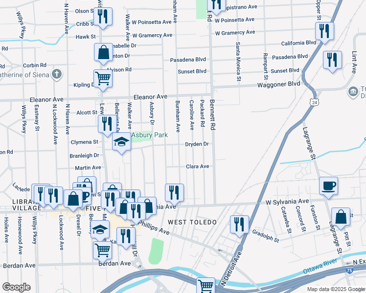 map of restaurants, bars, coffee shops, grocery stores, and more near 4302 Burnham Avenue in Toledo