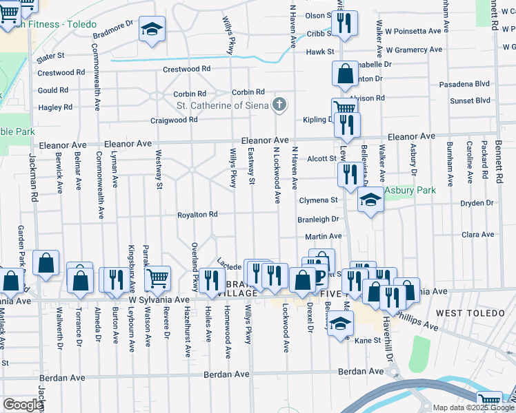 map of restaurants, bars, coffee shops, grocery stores, and more near 4322 Eastway Street in Toledo