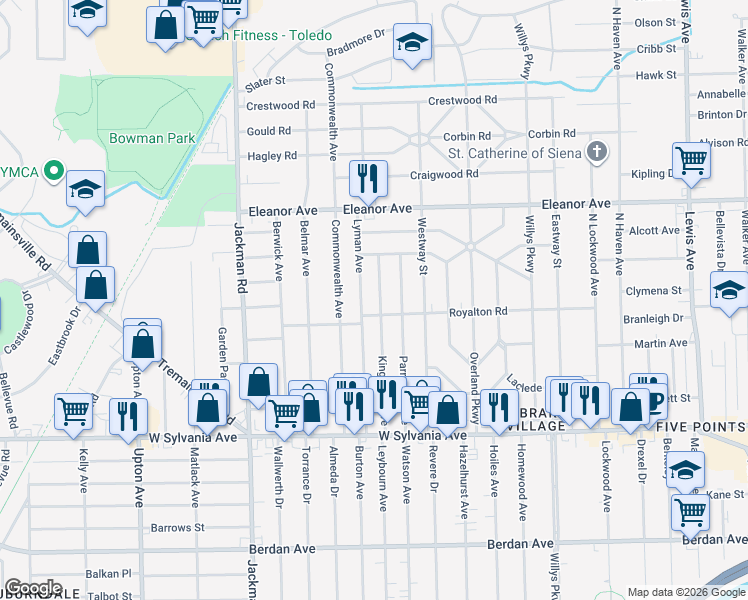 map of restaurants, bars, coffee shops, grocery stores, and more near 4331 Lyman Avenue in Toledo