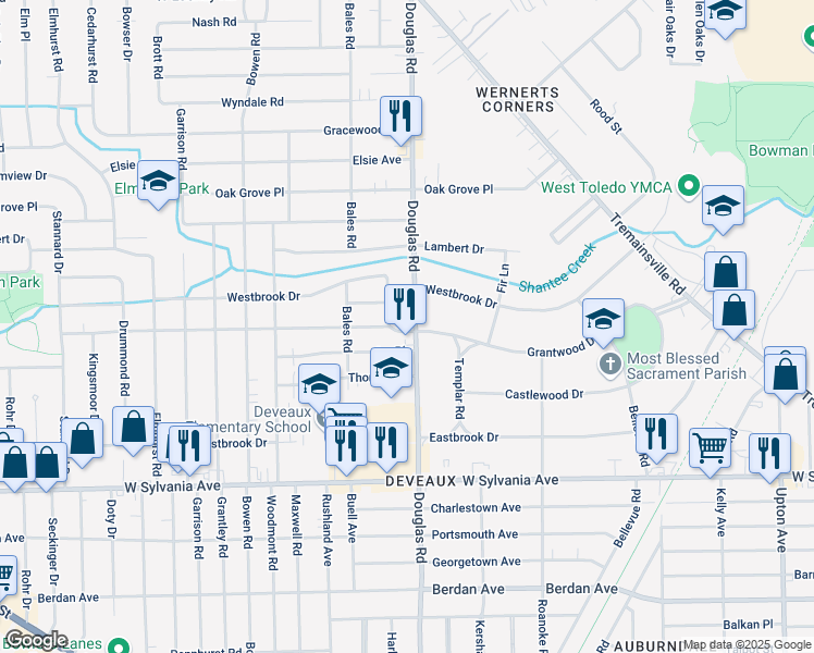 map of restaurants, bars, coffee shops, grocery stores, and more near 4315 Douglas Road in Toledo