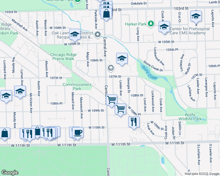 map of restaurants, bars, coffee shops, grocery stores, and more near 10720 South Washington Street in Oak Lawn