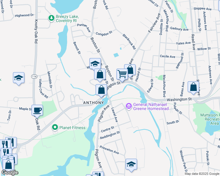 map of restaurants, bars, coffee shops, grocery stores, and more near 624 Washington Street in Coventry