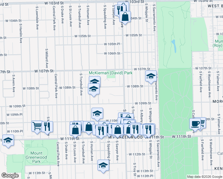 map of restaurants, bars, coffee shops, grocery stores, and more near 3300 West 108th Street in Chicago