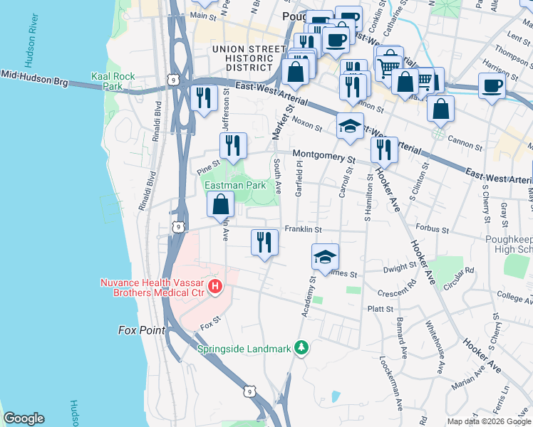 map of restaurants, bars, coffee shops, grocery stores, and more near 10 Eastman Terrace in Poughkeepsie