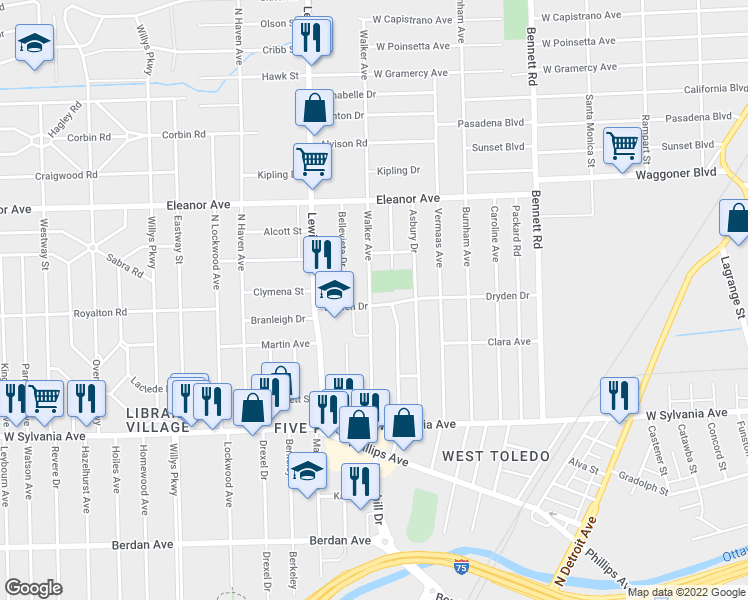 map of restaurants, bars, coffee shops, grocery stores, and more near 828 Dryden Drive in Toledo