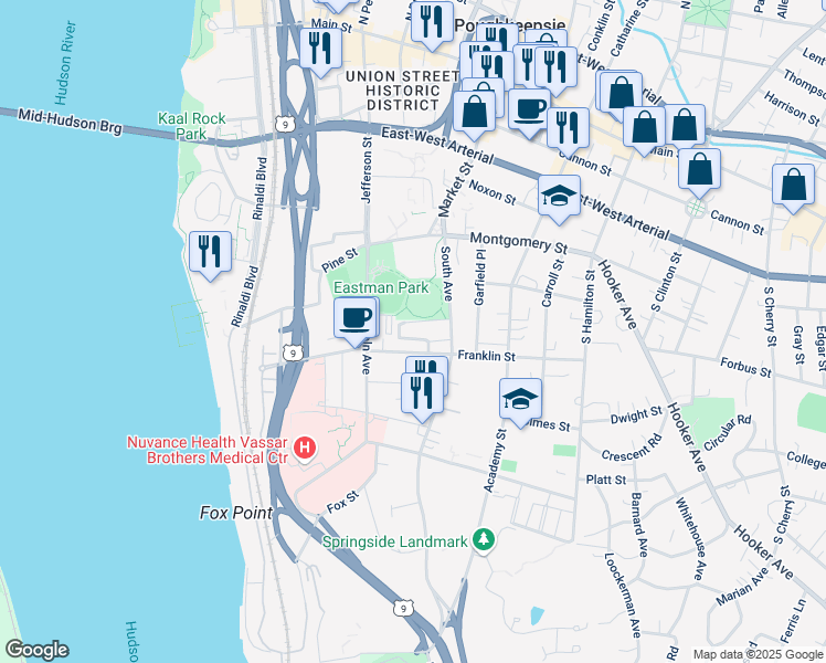 map of restaurants, bars, coffee shops, grocery stores, and more near 14 Eastman Terrace in Poughkeepsie