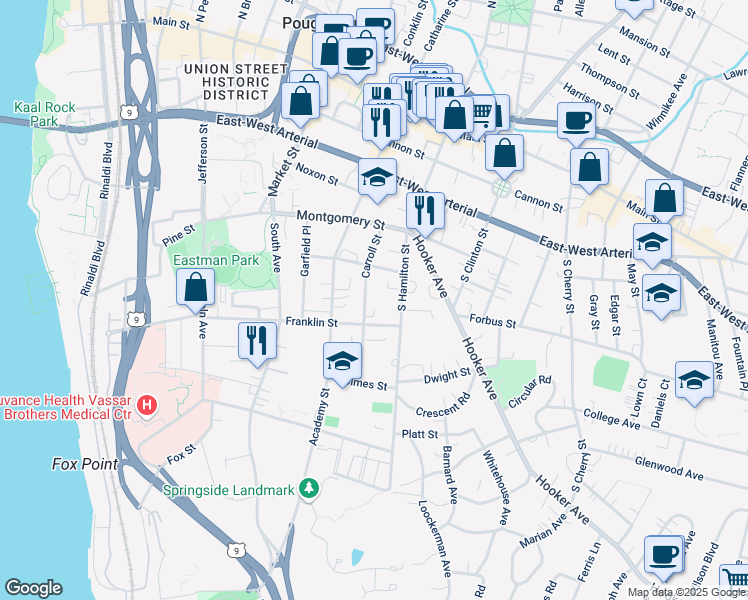 map of restaurants, bars, coffee shops, grocery stores, and more near 47 Carroll Street in Poughkeepsie