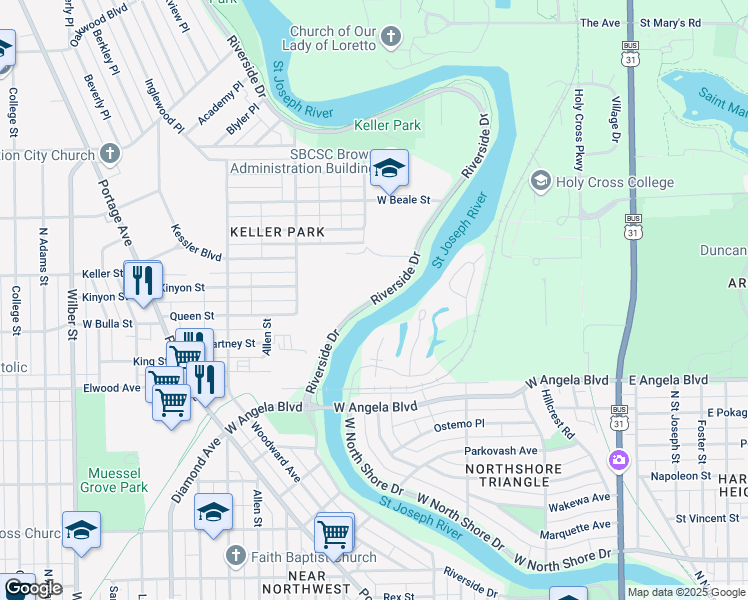 map of restaurants, bars, coffee shops, grocery stores, and more near 1661 Riverside Drive in South Bend