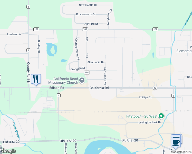 map of restaurants, bars, coffee shops, grocery stores, and more near 29626 San Lu Rae Drive in Elkhart
