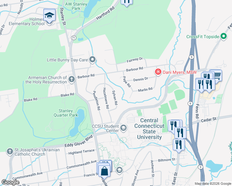 map of restaurants, bars, coffee shops, grocery stores, and more near 93 Sylvan Road in New Britain