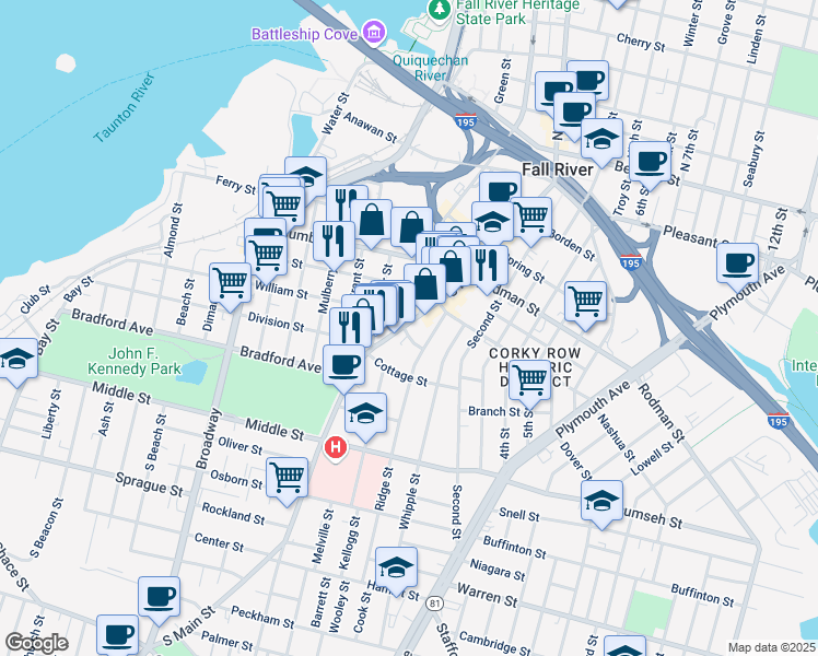 map of restaurants, bars, coffee shops, grocery stores, and more near 10 South Street in Fall River