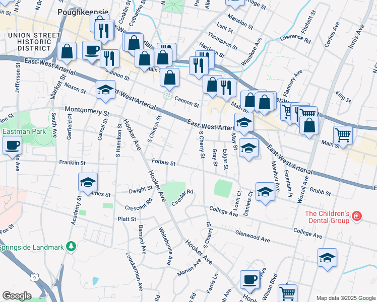 map of restaurants, bars, coffee shops, grocery stores, and more near 24 Hammersley Avenue in Poughkeepsie