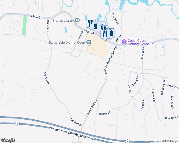 map of restaurants, bars, coffee shops, grocery stores, and more near 92 Maushop Avenue in Barnstable