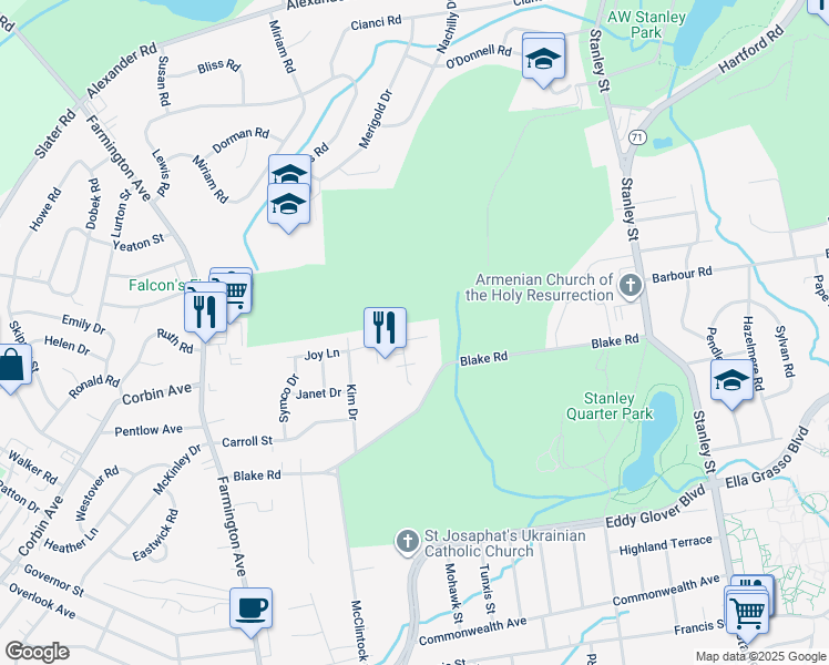 map of restaurants, bars, coffee shops, grocery stores, and more near 228 Joy Lane in New Britain
