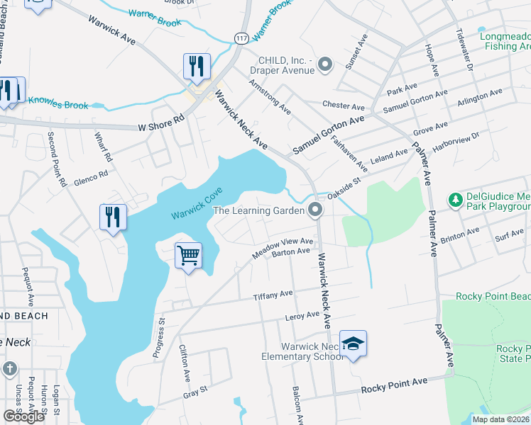 map of restaurants, bars, coffee shops, grocery stores, and more near 65 Bancroft Avenue in Warwick