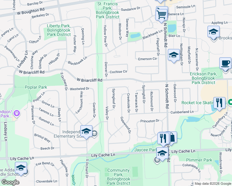map of restaurants, bars, coffee shops, grocery stores, and more near 113 Springleaf Drive in Bolingbrook